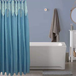 Blue Linen Shower Curtain W/White Lace Valance